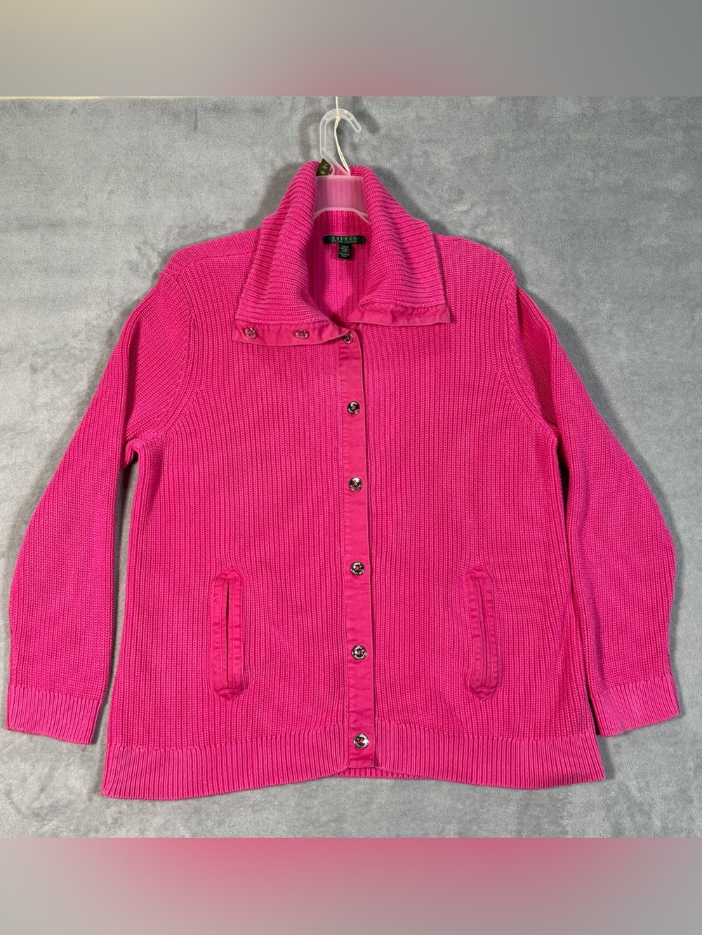 Lauren Ralph Lauren Women Pink Knit Turtleneck Gold Button Cardigan Pockets 3X